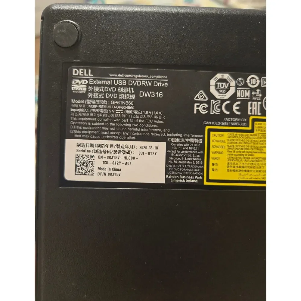 Dell DW316 External USB DVD RW Drive - Slim Portable Player/Writer